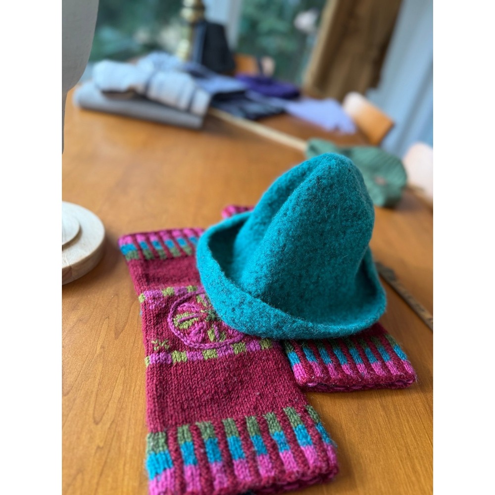 Boiled wool hat and hand knit leg warmers